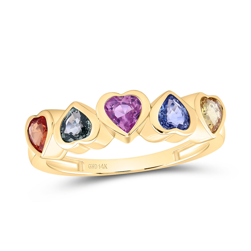 14K Yellow Gold 1 1/2Cttw Multi Color Sapphire Heart Ring