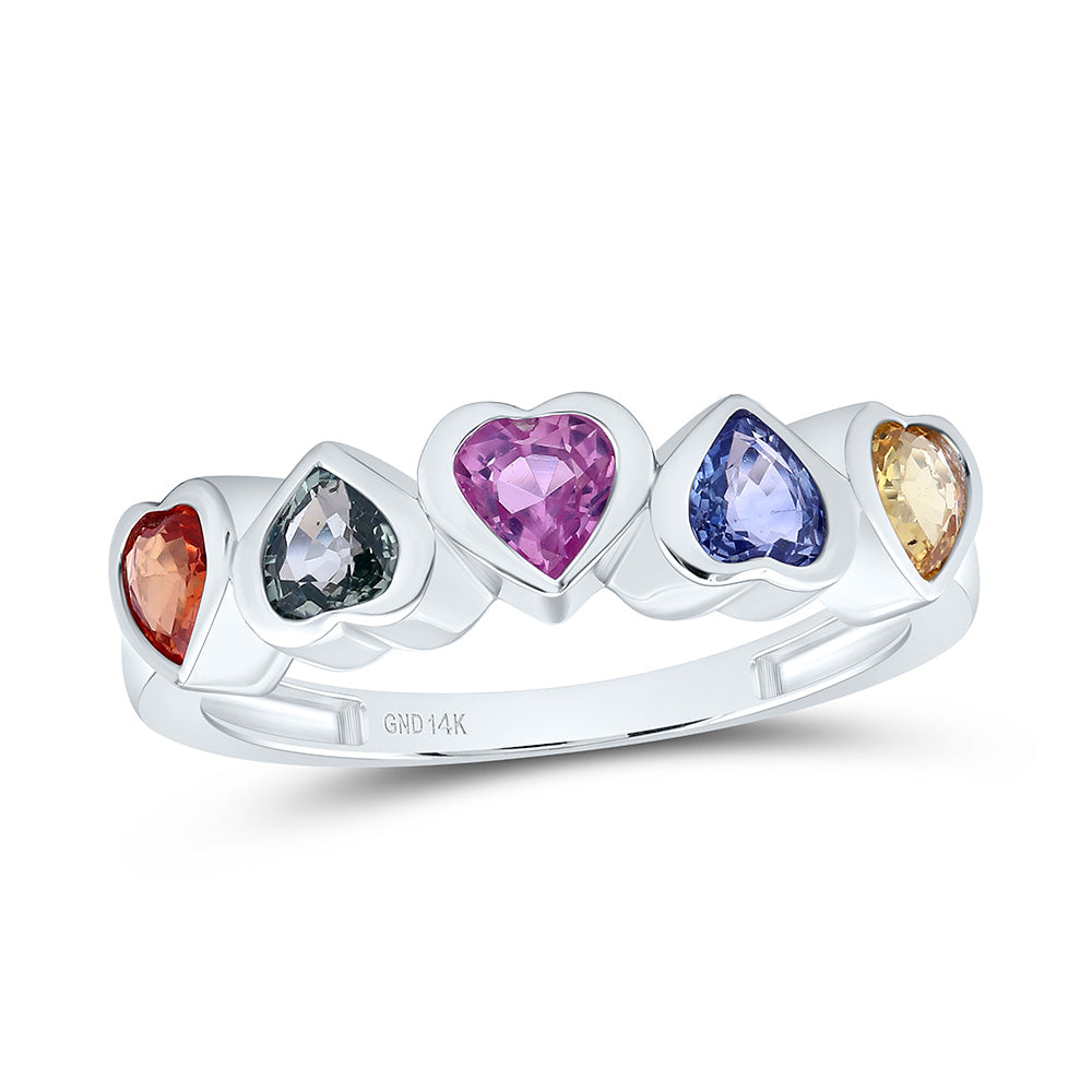 14K White Gold 1 1/2 Cttw Heart Natural Gem Multi Color Sapphire Heart Bridal Anniversary Wedding Engagement Band Ring