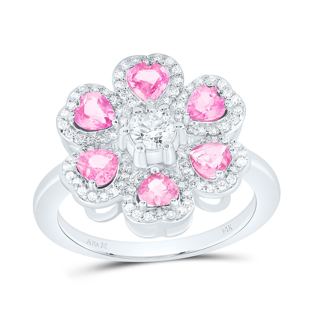 14K White Gold 1/2Cttw Natural Diamond 1/4Cttw Center Round, 1 1/5Cttw Heart Pink Sapphire Heart Flower Ring