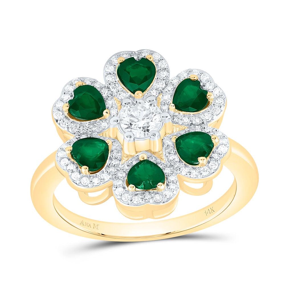 14K White Gold 1/2Ctw Natural Diamond Ana M 1/4Ctw Center Round,1 1/5Ctw Blue Sapphire Natural Gem Heart Flower Ring