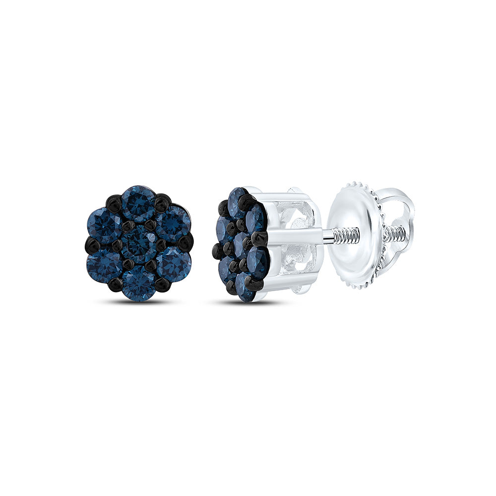 10K Yellow Or White Gold 1/5Cttw Natural Diamond Fashion Blue Diamond Flower Earring