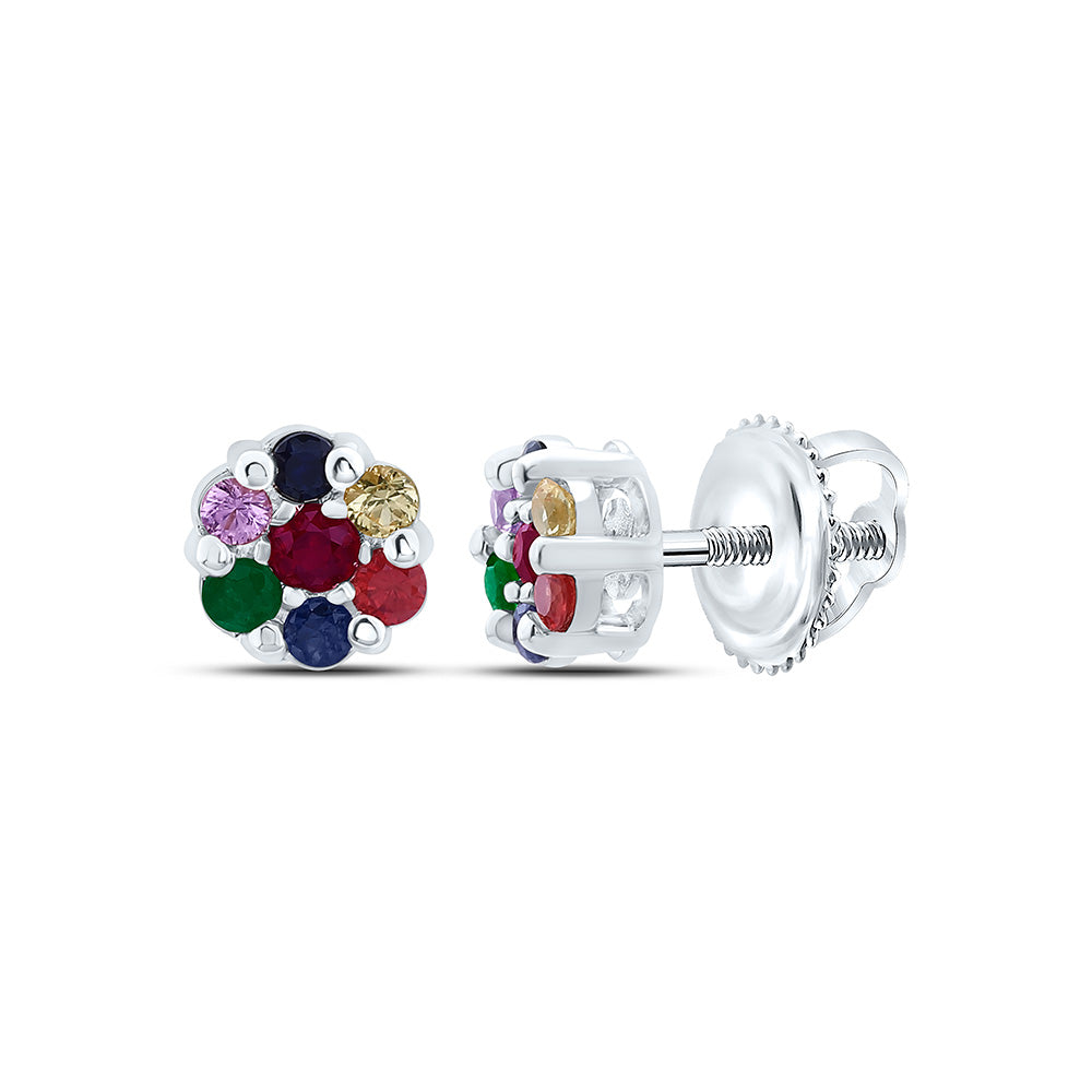 10K White Gold 1/3Cttw Round Natural Gem Multicolor Sapphire Flower Earring