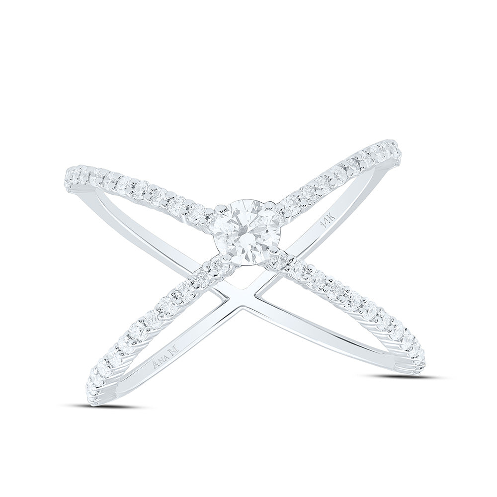14K Yellow Or White Gold 5/8Cttw Natural Diamond 1/4Cttw Center Round Fashion Criss Cross Ring