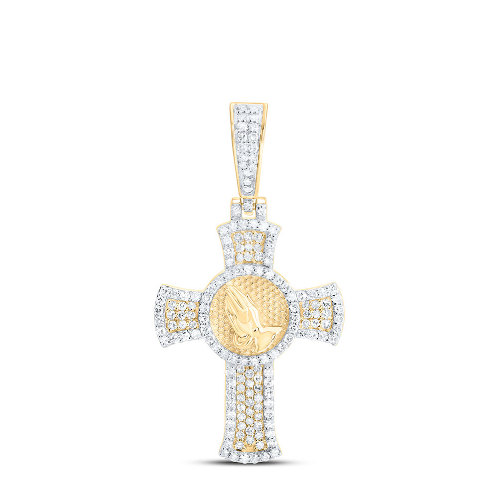 10K Yellow Gold 5/8Cttw Natural Diamond Praying Hand Cross Mens Charm