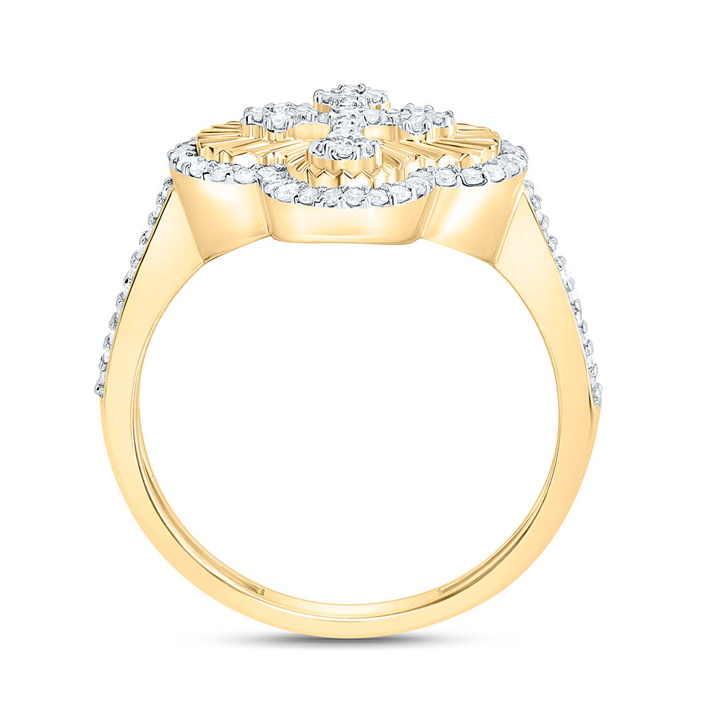 10K Yellow Gold 1/3 Cttw Natural Diamond Fashion Clover Cross Ring