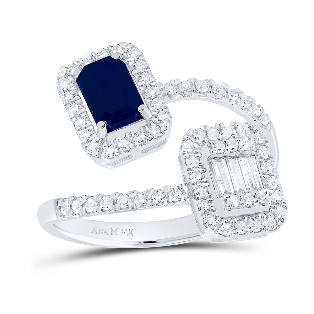 14K White Gold 1/2Ctw Natural Diamond Ana M 6X4Mm Emerald Blue Sapphire Natural Gem Emerald Ring