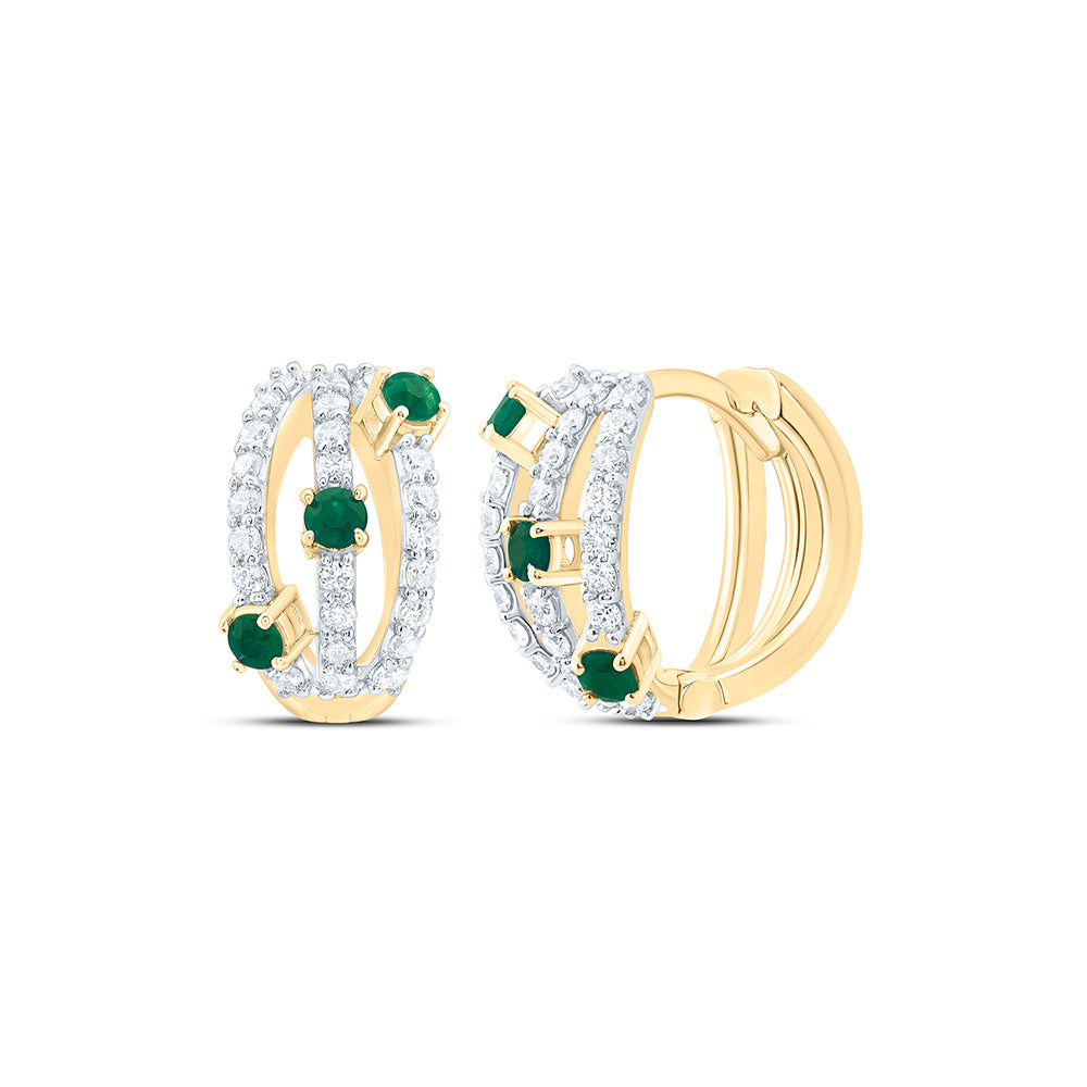 14K Yellow Gold 3/8Ctw Natural Diamond Ana M 1/4Ctw Round Emerald Natural Gem Hoop Earring