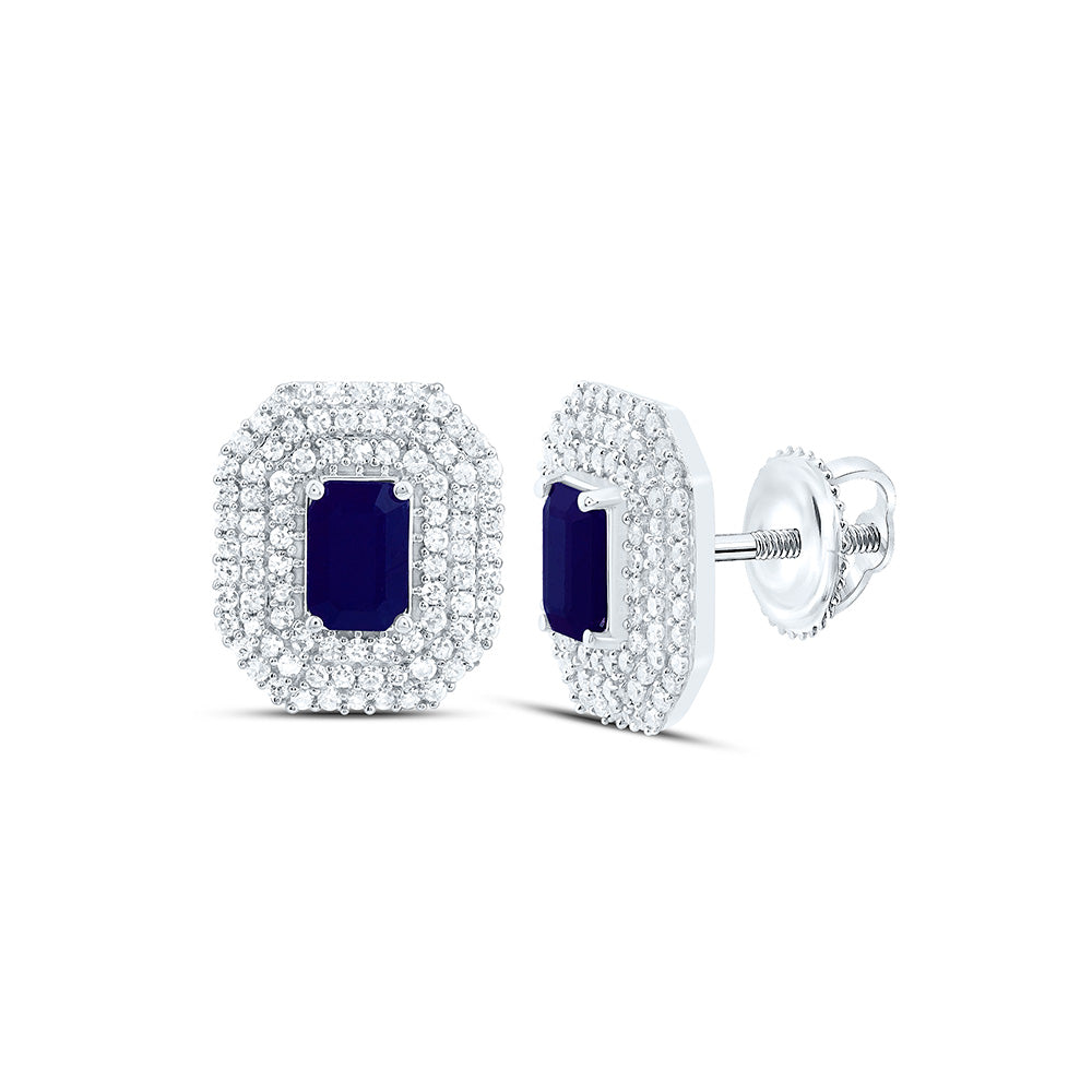14K White Gold 5/8 Cttw Natural Diamond Cn 6X4Mm Emerald Blue Sapphire Natural Gem Emerald Earring