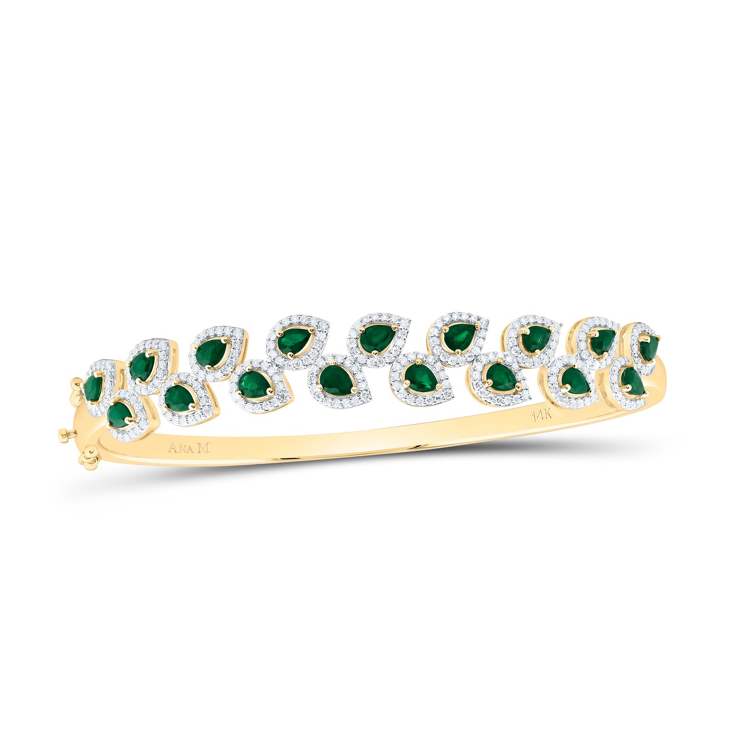 14K Yellow Gold 1Ctw Natural Diamond Ana M 2 1/2 Cttw Pear Emerald Natural Gem Pear Bangle (65X55Mm)