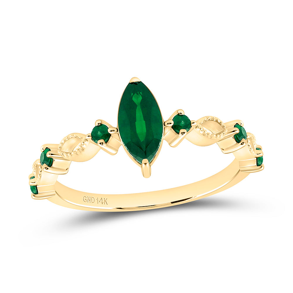 14K Yellow Gold 1/8 Cttw Round Emerald, 8X4Mm Marquise Emerald, Natural Gem Bridal Anniversary Wedding Engagement Band Ring
