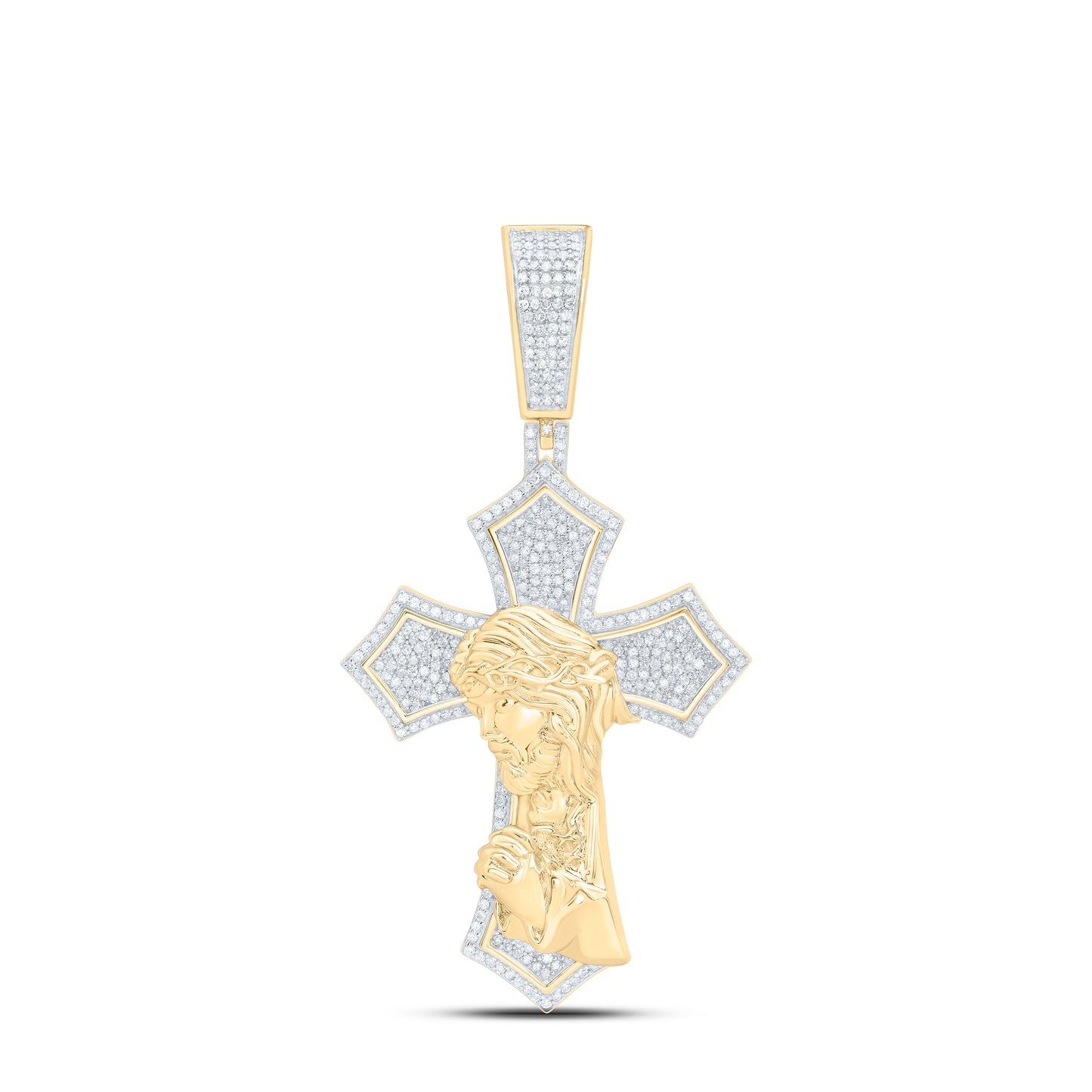 Sterling Silver Yellow Tone 1 1/3 Cttw Natural Diamond Jesus Cross Mens Charm
