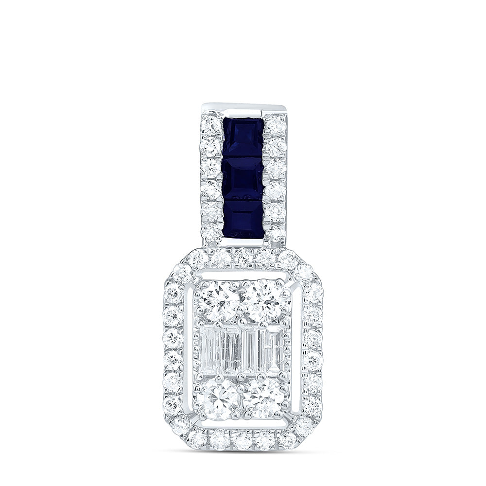 14K White Gold 1/3 Cttw Natural Diamond Ana M 1/5 Cttw Princess Blue Sappphire Natural Gem Emerald Pendant