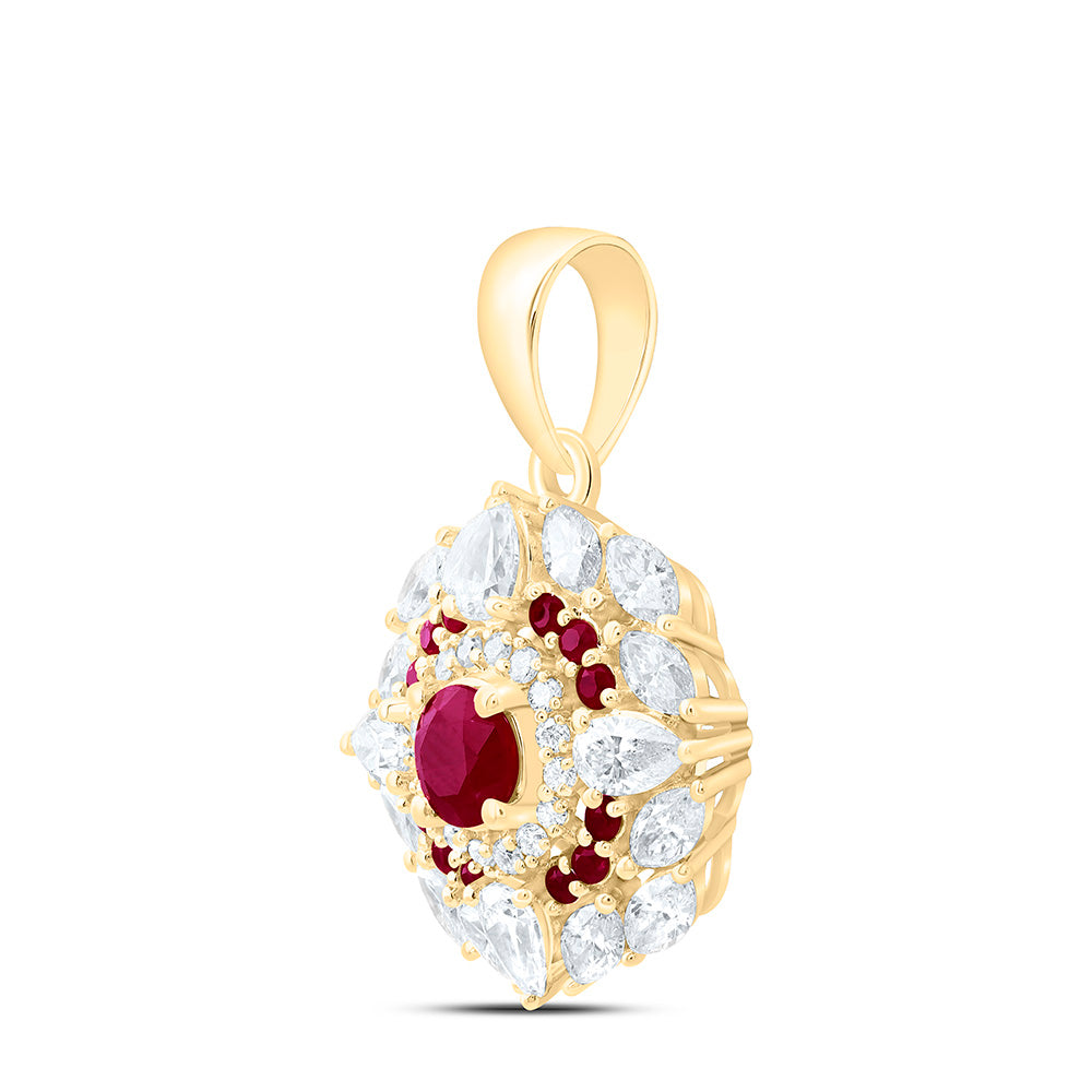 18K Yellow Gold 1 Cttw Natural Diamond Ana M Elite 1/2 Cttw Round Ruby Natural Gem Flower Pendant