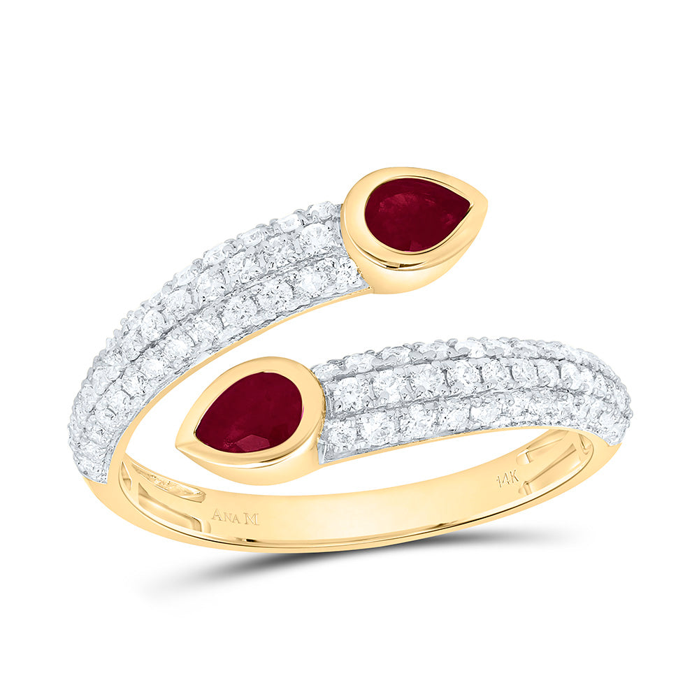 14K Yellow Gold 3/8 Cttw Natural Diamond Ana M 4X3Mm Pear Shape Ruby Natural Gem Tear Drop Bridal Anniversary Wedding Engagement Band Ring