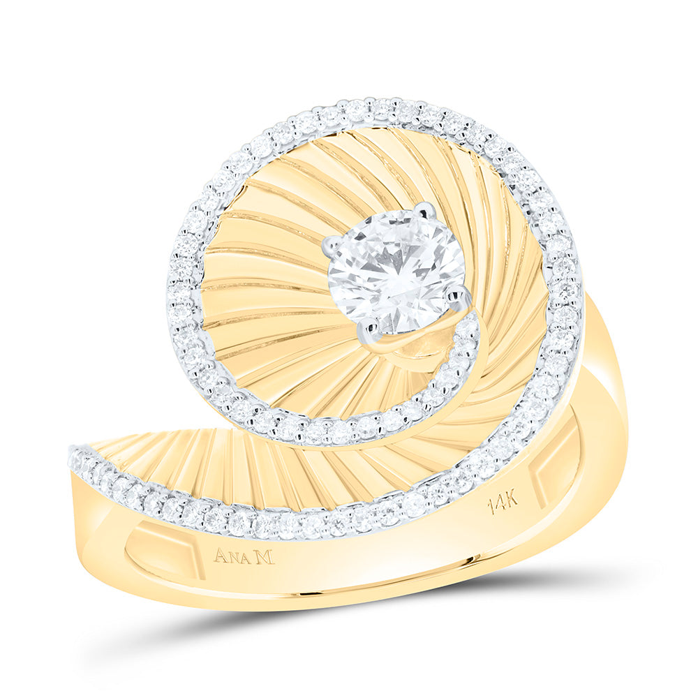 14K Yellow Gold 5/8 Cttw Natural Diamond Ana M 1/2 Cttw Center Round Fashion Bridal Anniversary Wedding Engagement Band Ring