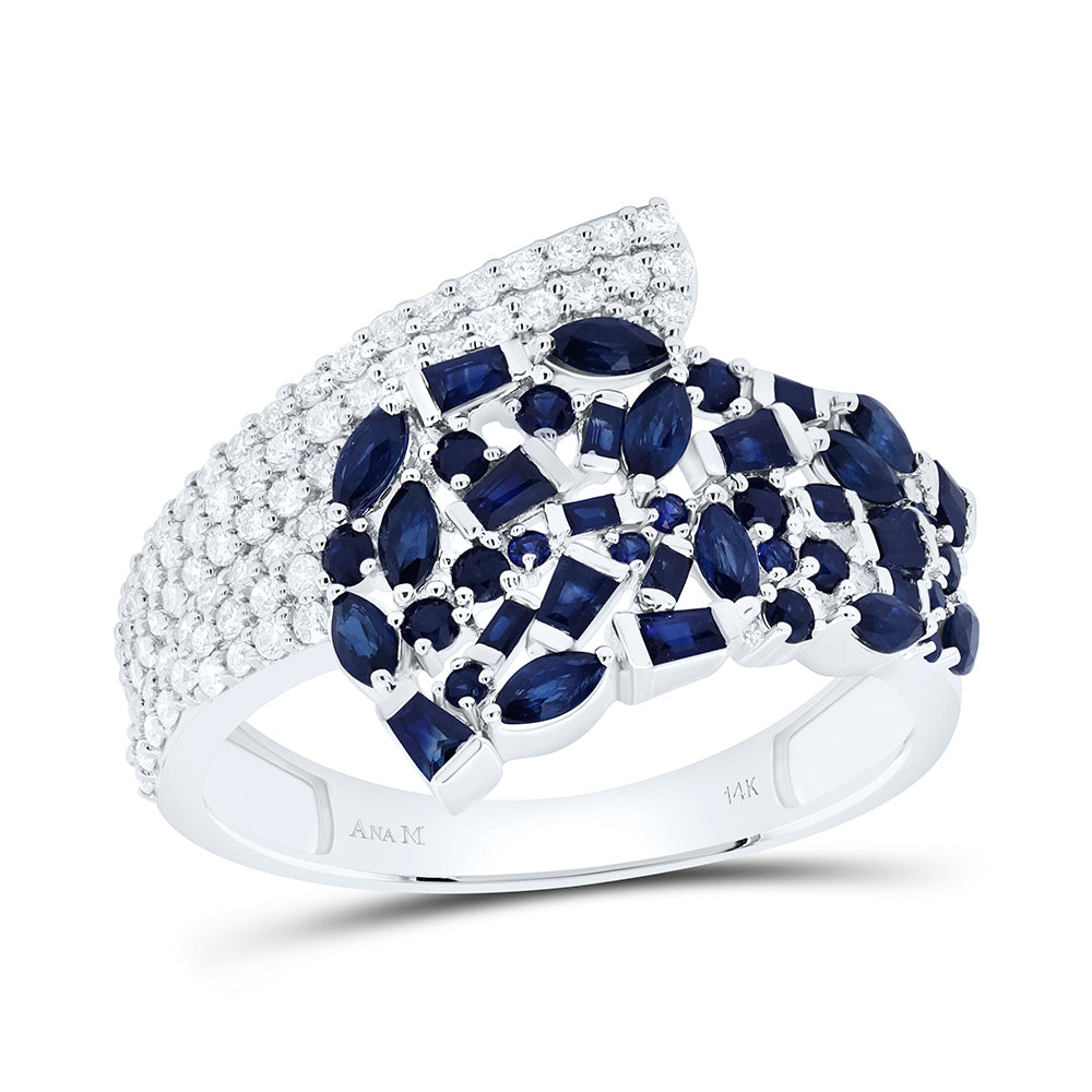 14K Yellow Or White Gold 1/3 Cttw Natural Diamond 1/5 Cttw Round, 1/2 Cttw Marquise, 1/3 Cttw Baguette Blue Sapphire, Natural Gem Bridal Anniversary Wedding Engagement Band Ring