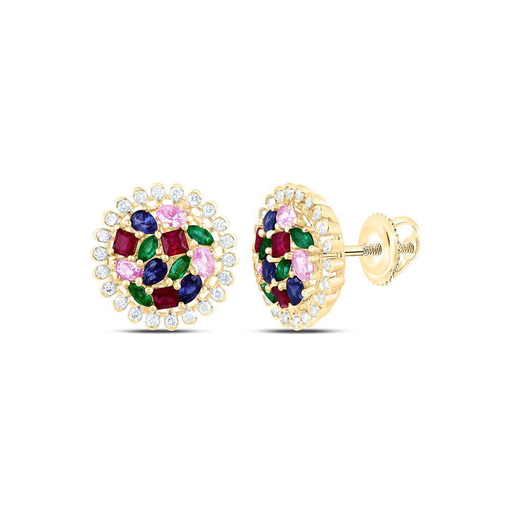14K Yellow Gold 1/3 Cttw Natural Diamond Cn 1 3/4 Cttw Natural Gem Multi Color Sapphire Round Earring