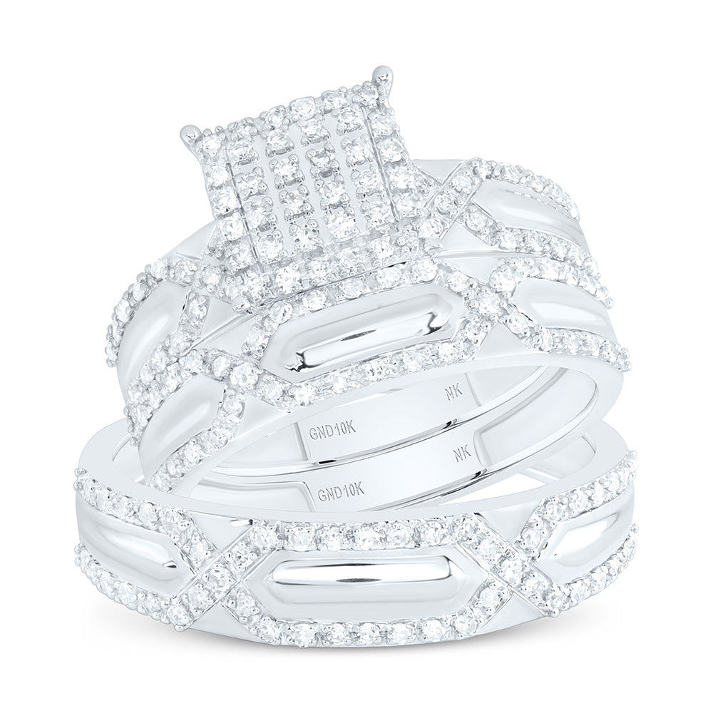 10K Yellow Or White Gold 5/8 Cttw Natural Diamond Nk Fashion Square Bridal Anniversary Wedding Engagement Band Ring Trio Set