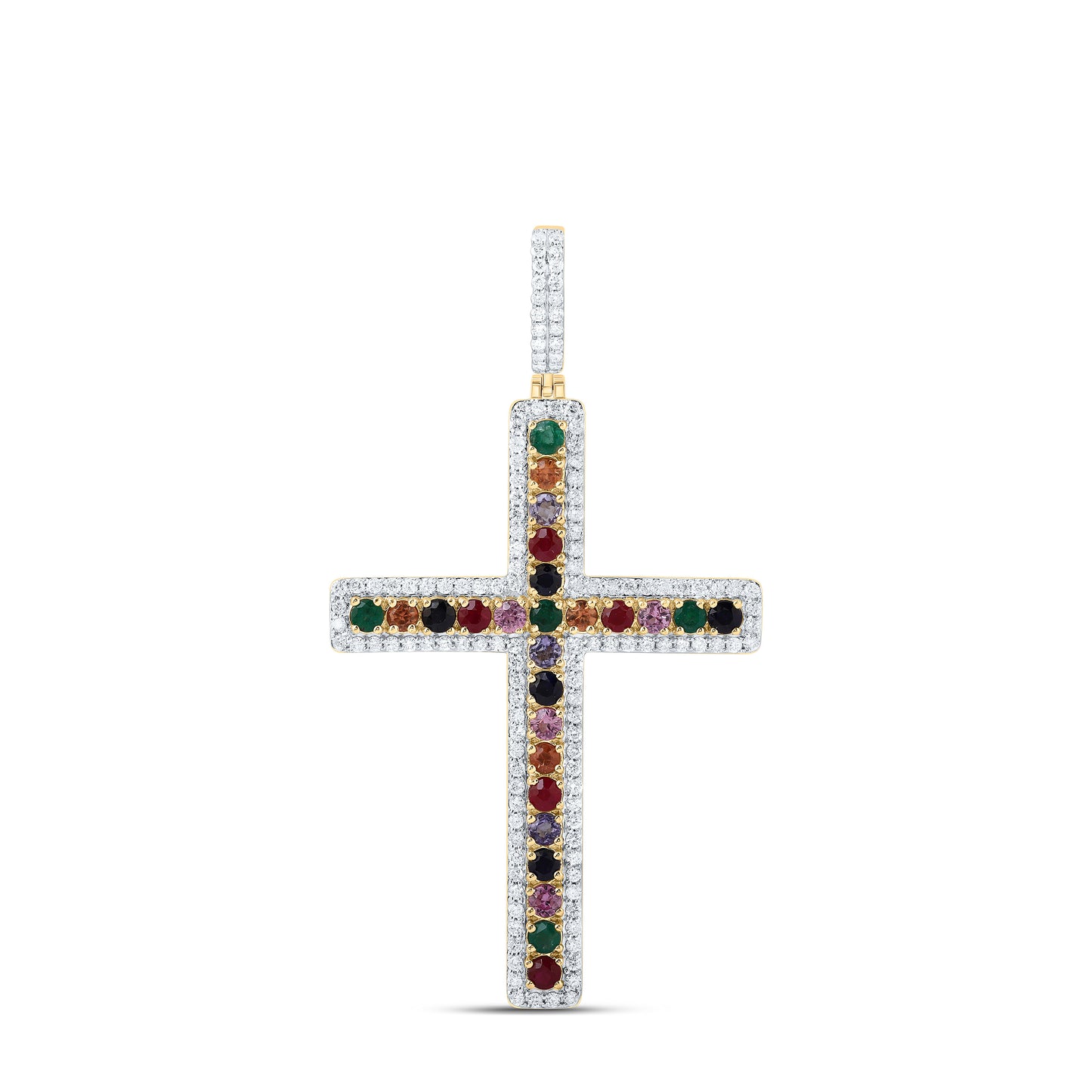 10K Yellow Gold 5/8 Cttw Natural Diamond Cn 1 1/5 Cttw Round Natural Gem Multi Color Sapphire Cross Pendant