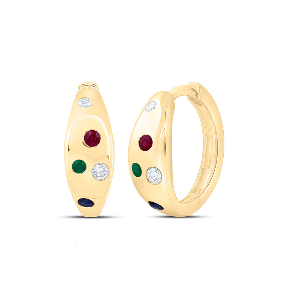10K Yellow Or White Gold 1/20 Cttw Natural Diamond Ana M 1/12 Cttw Round Ruby, 1/12 Cttw Round Blue Sapphire, 1/20 Cttw Round Emerald, Natural Gem Hoop Earring