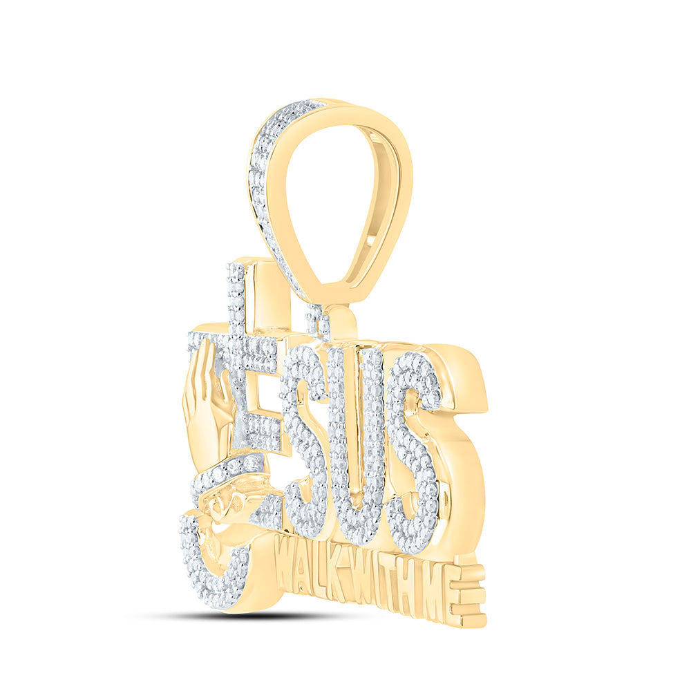 10K Yellow Gold 7/8 Cttw Natural Diamond Nk Jesus Walk With Me Mens Charm