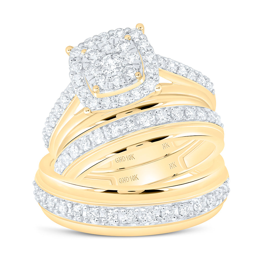10K Yellow Or White Gold 1 1/3 Cttw Natural Diamond Nk Fashion Square Bridal Anniversary Wedding Engagement Band Ring Trio Set