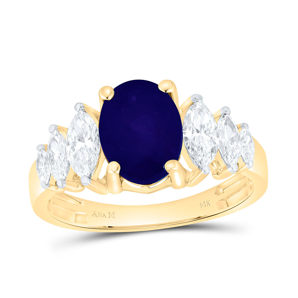 14K Yellow Gold 7/8Ctw Natural Diamond Ana M Marquise I1 9X7Mm-Oval Ruby Natural Gem Fashion Ring