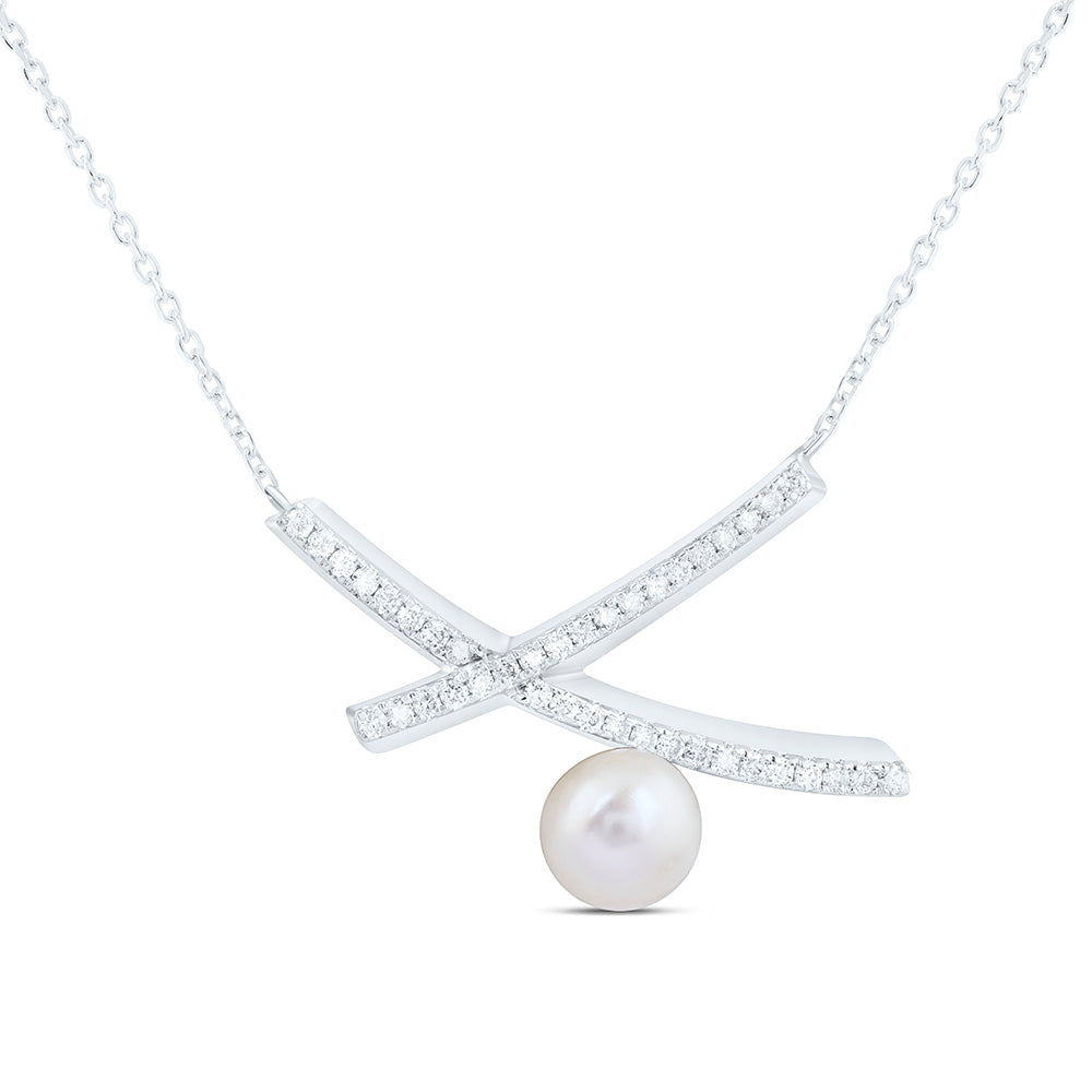14K Yellow Or White Gold 1/6Ctw Natural Diamond Ana M 5Mm-Pearl Fashion Necklace (18 Inch)