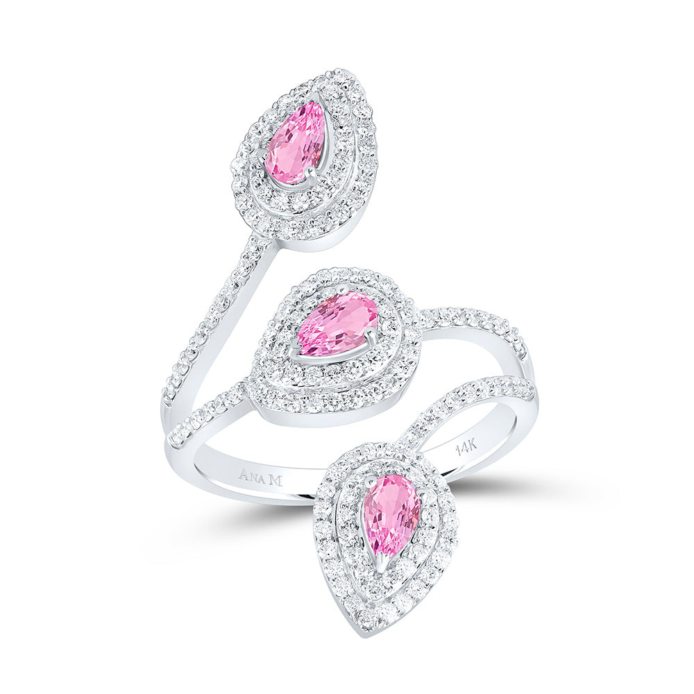 14K White Gold 3/4Ctw Natural Diamond Ana M 5X3Mm Pear Pink Sapphire Natural Gem Pear Ring