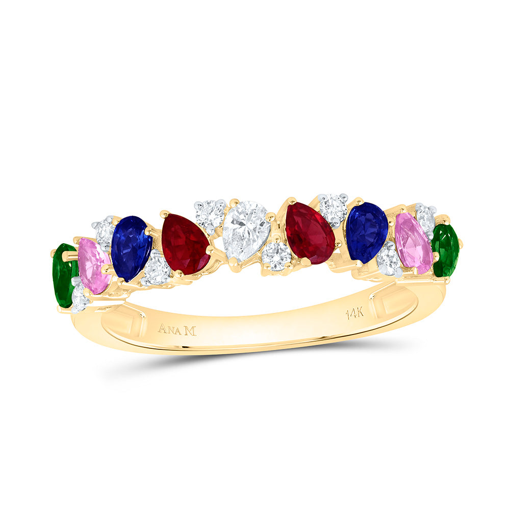 14K White Gold 1/5 Cttw Natural Diamond Ana M 1 Cttw Pear Natural Gem Multi Color Sapphire Band