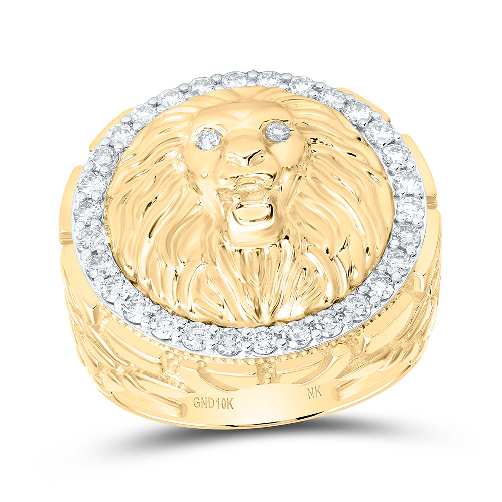 10K Yellow Gold 7/8Ctw Natural Diamond Lion Face Mens Ring