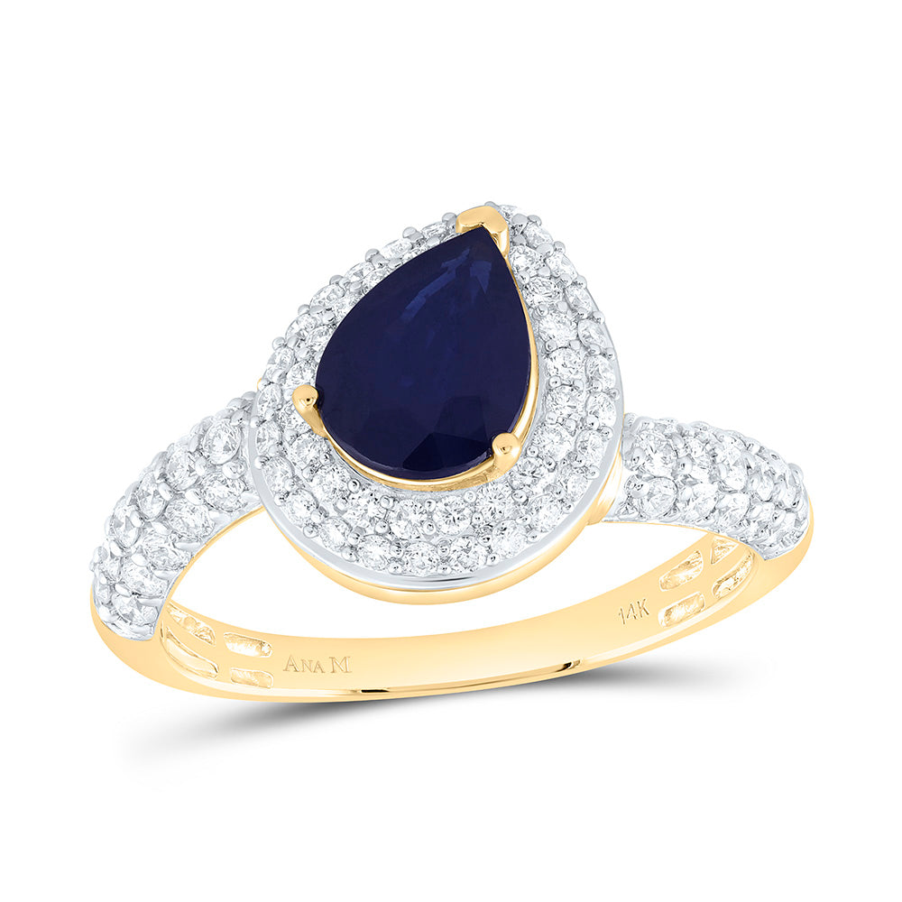 14K White Gold 5/8Ctw Natural Diamond Ana M 8X6Mm Pear Blue Sapphire Natural Gem Pear Ring