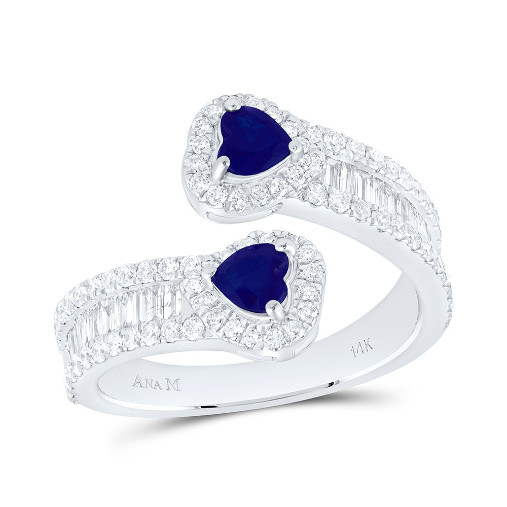 14K White Gold 7/8Ctw Natural Diamond Ana M 4Mm Blue Sapphire Natural Gem Heart Cuff Ring
