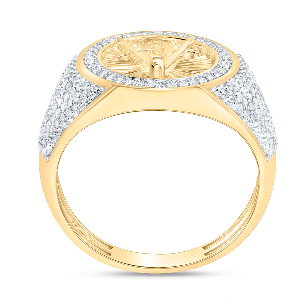 10K Yellow Gold 3/4Ctw Natural Diamond Massonic Round Mens Ring