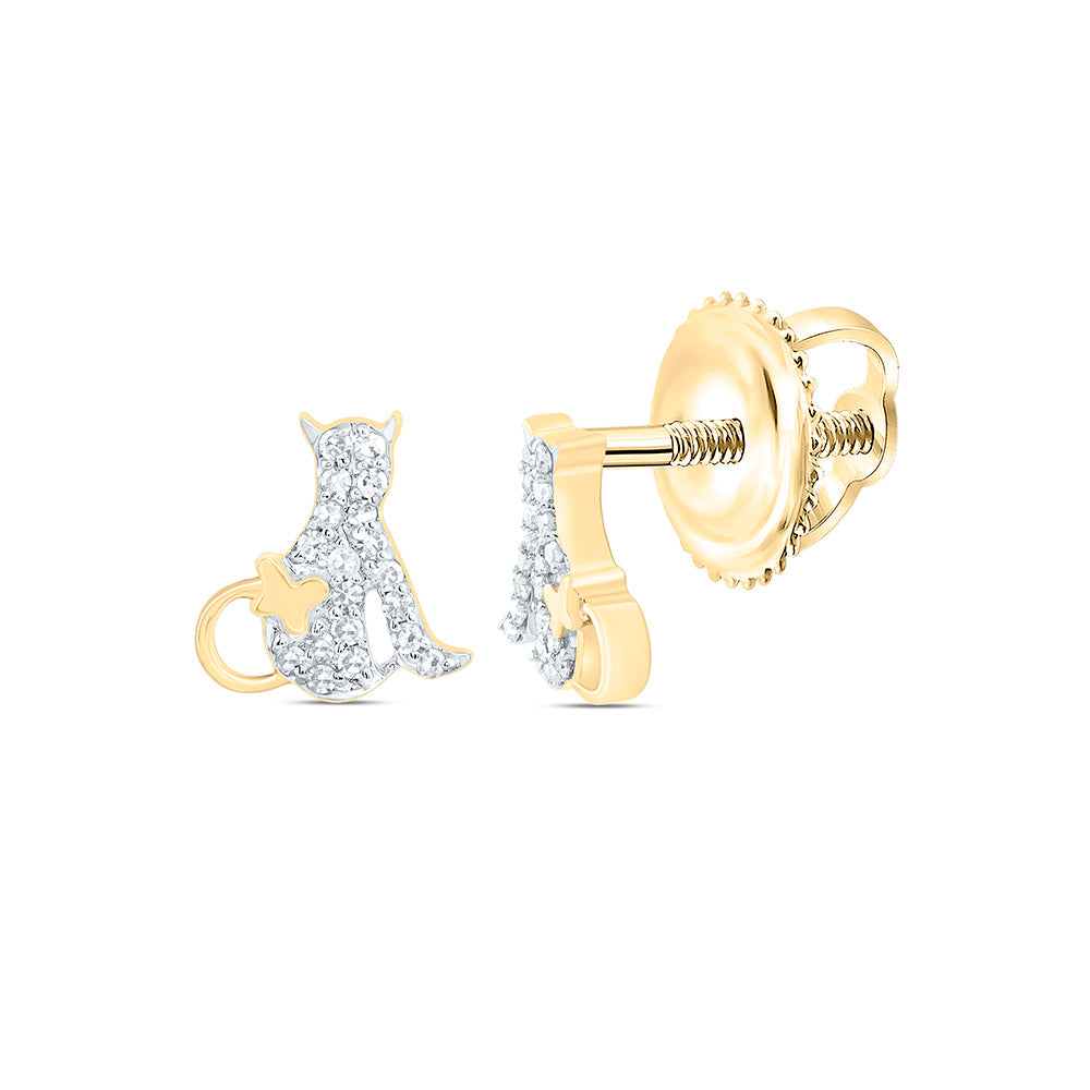 10K Yellow Gold 1/10Ctw Natural Diamond Gift Cat Earring