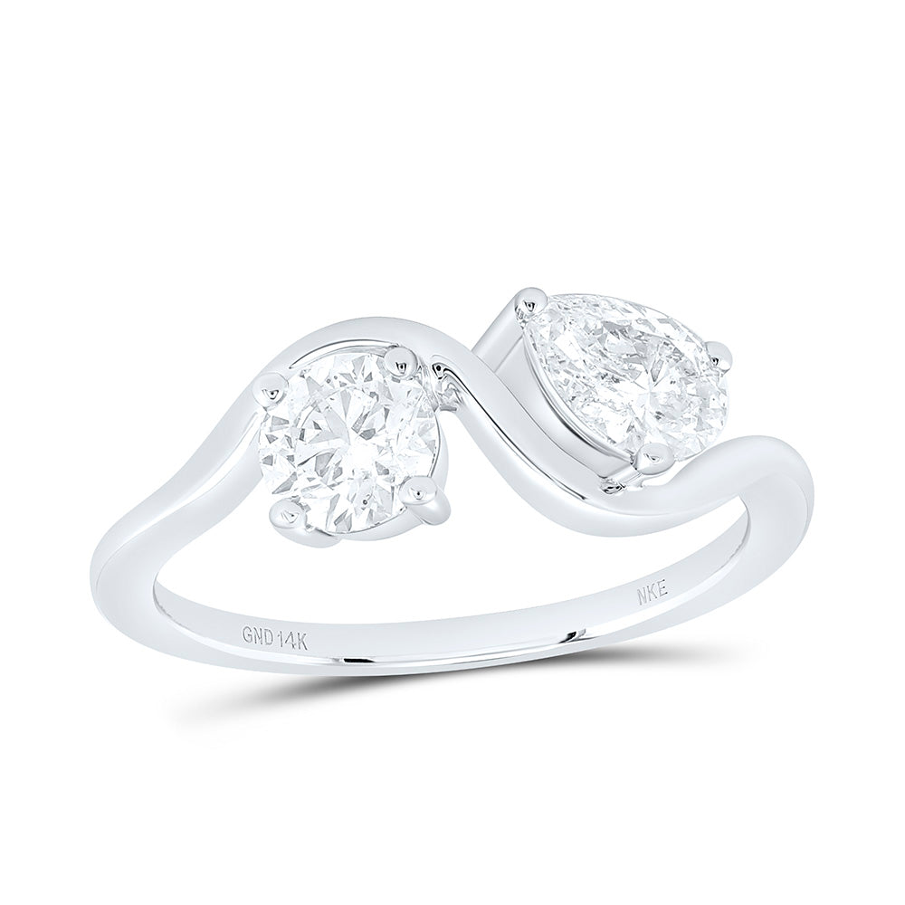14K Yellow Gold 1Ctw Natural Diamond Ij-Si Fashion 1/2Ct Center Round, 1/2Ct Center Pear Round Pear 2 Stone Ring
