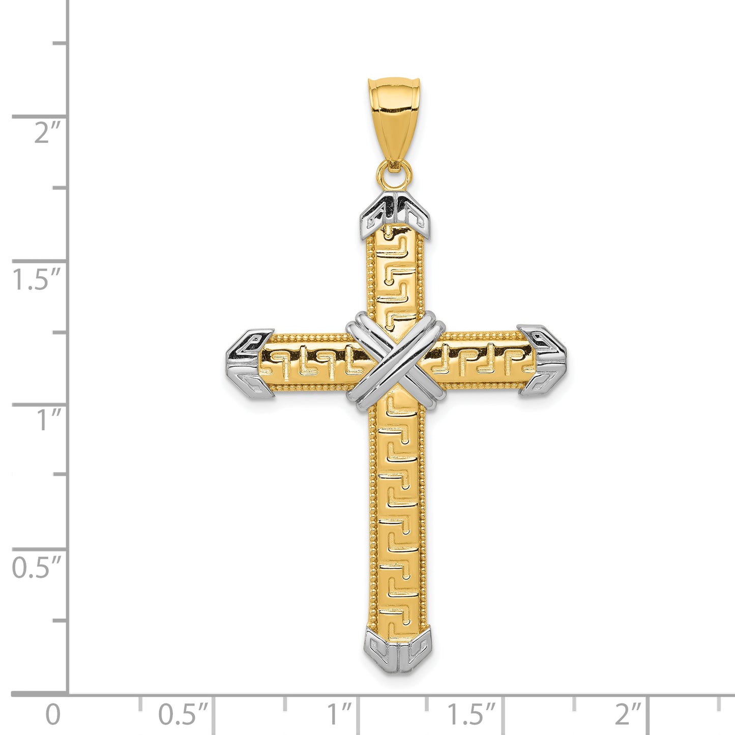 14k Yellow Gold and Rhodium Greek Key Cross Pendant