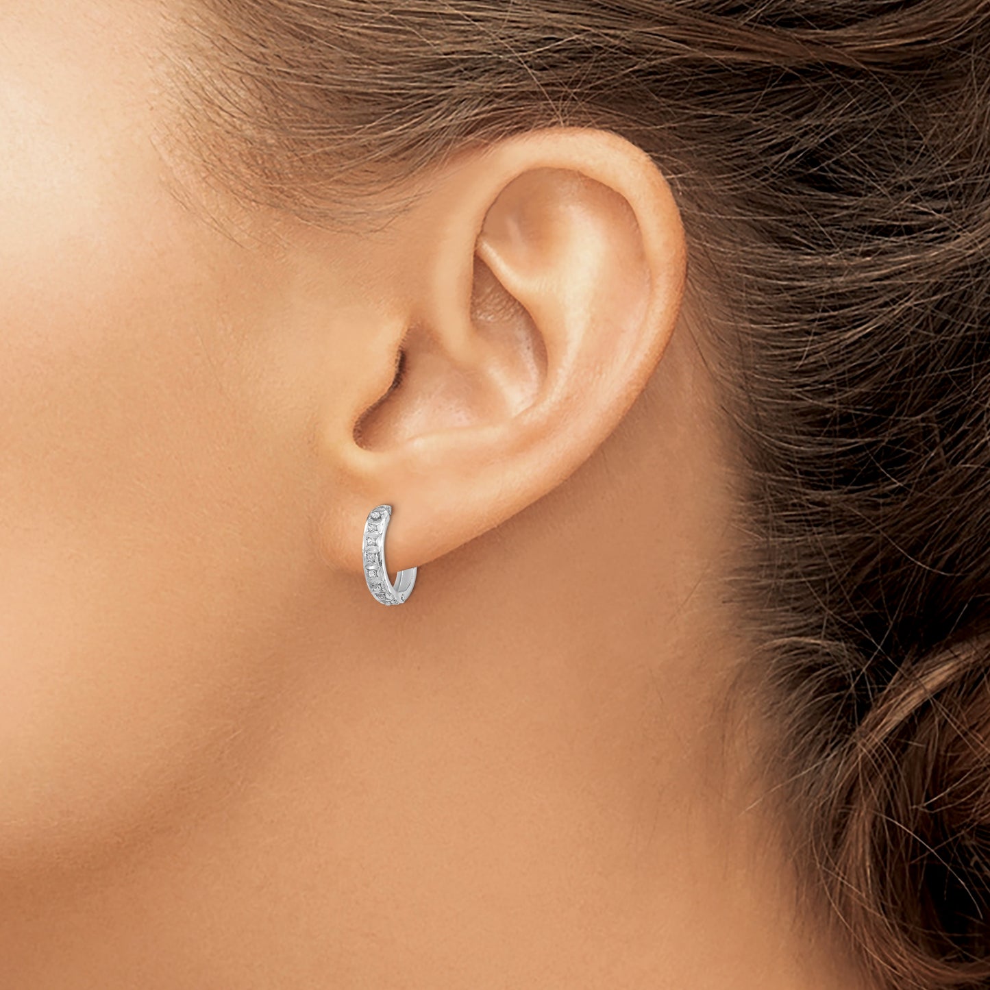14k White Gold Diamond Fascination Round Hinged Hoop Earrings