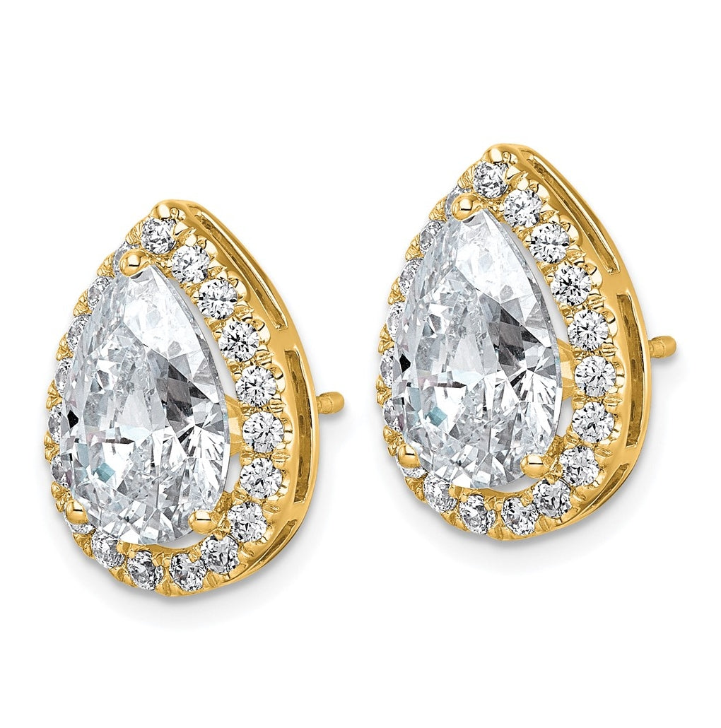 14k Yellow Gold 6 3/4 carat Lab Grown Diamond VS+ F+ Complete Pear Halo Post Earrings
