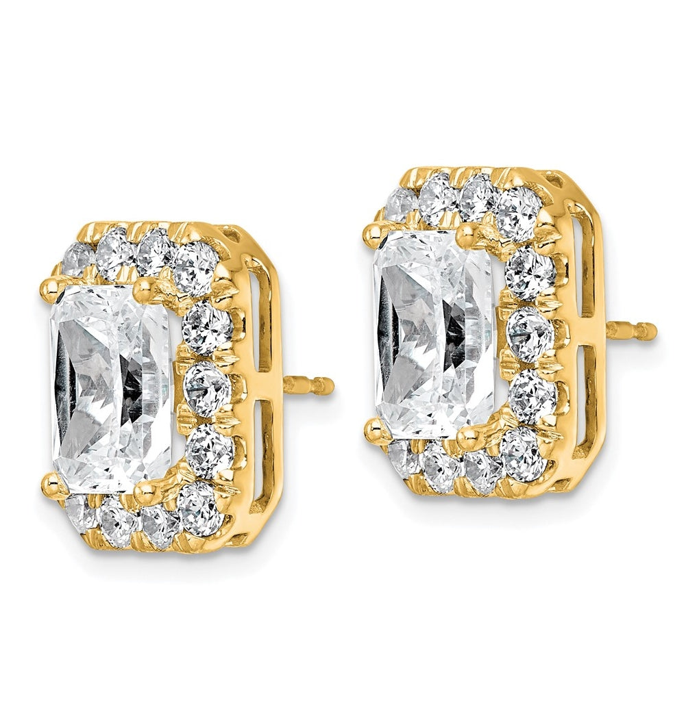 14k Yellow Gold 7 carat Lab Grown Diamond VS+ F+ Complete Emerald Halo Post Earrings