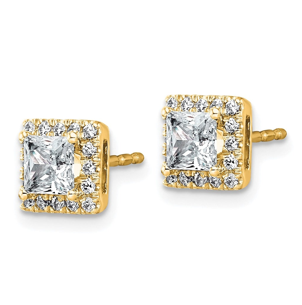 14k Yellow Gold 1 1/3 carat Lab Grown Diamond VS+ F+ Complete Princess Halo Post Earrings