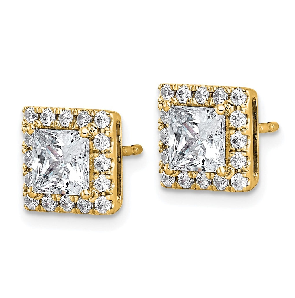 14k Yellow Gold 2 1/2 carat Lab Grown Diamond VS+ F+ Complete Princess Halo Post Earrings
