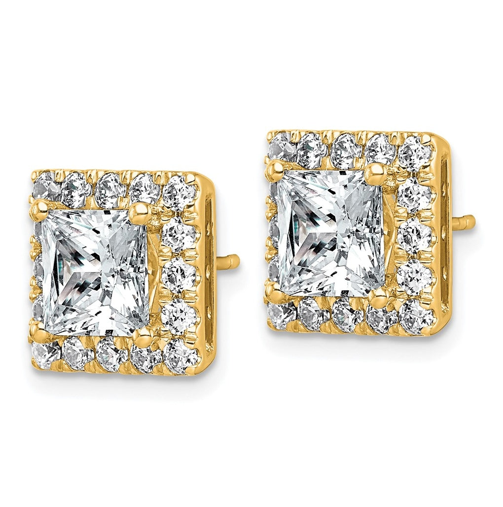 14k Yellow Gold 5 carat Lab Grown Diamond VS+ F+ Complete Princess Halo Post Earrings