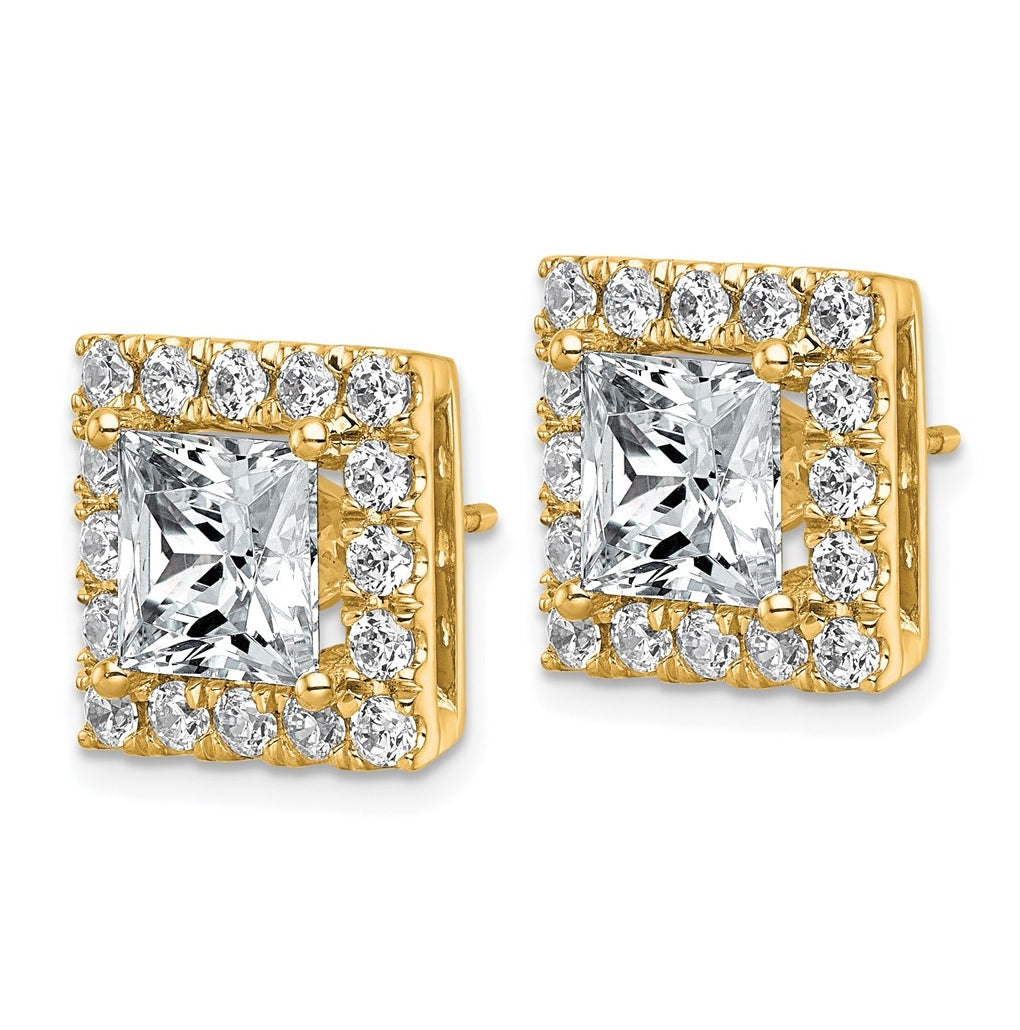 14k Yellow Gold 6 1/2 carat Lab Grown Diamond VS+ F+ Complete Princess Halo Post Earrings