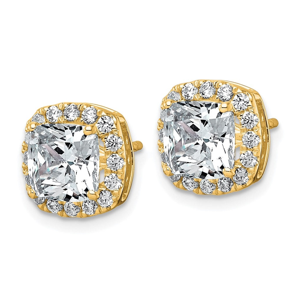 14k Yellow Gold 3 5/8 carat Lab Grown Diamond VS+ F+ Complete Cushion Halo Post Earrings