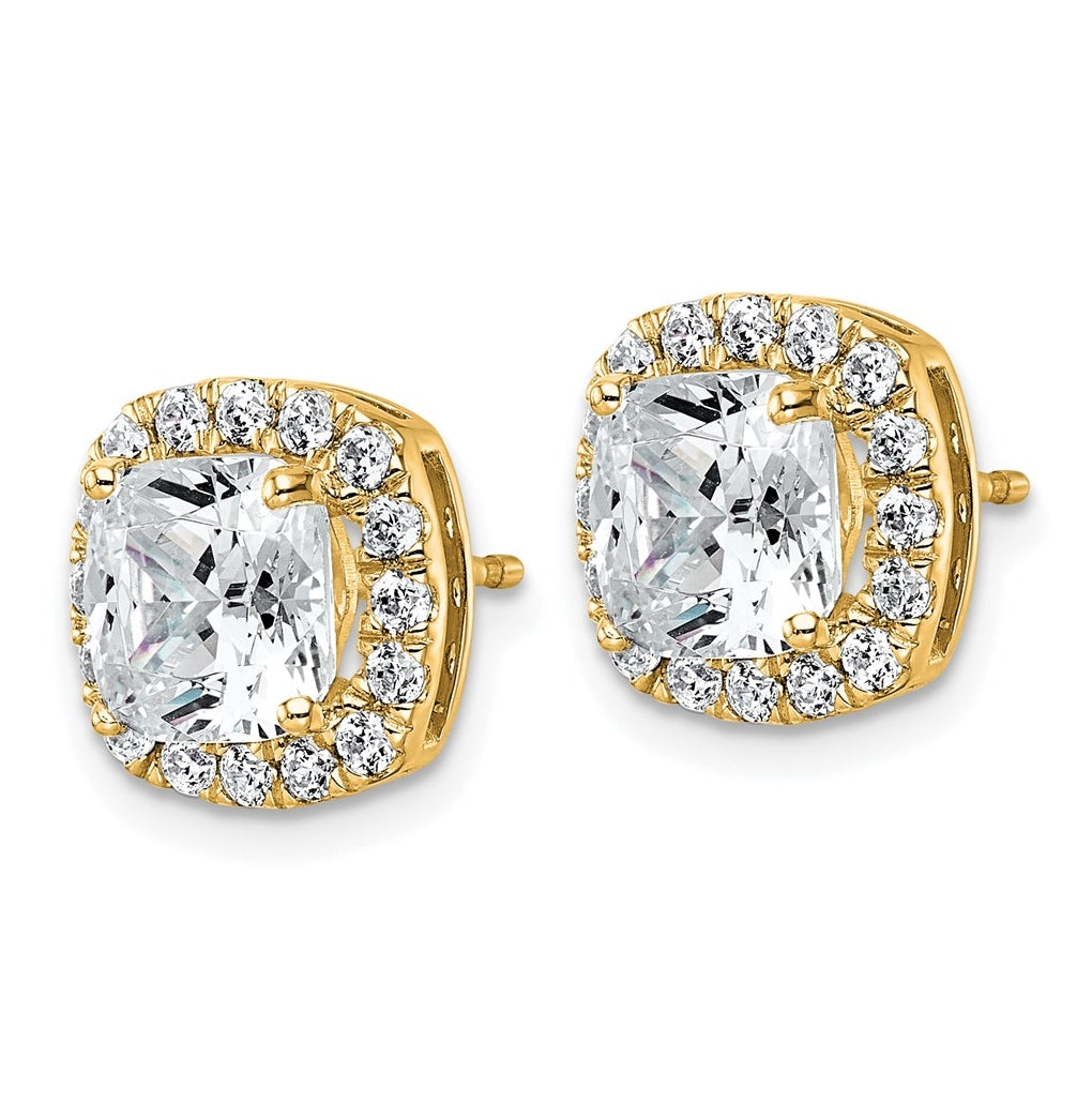 14k Yellow Gold 4 5/8 carat Lab Grown Diamond VS+ F+ Complete Cushion Halo Post Earrings
