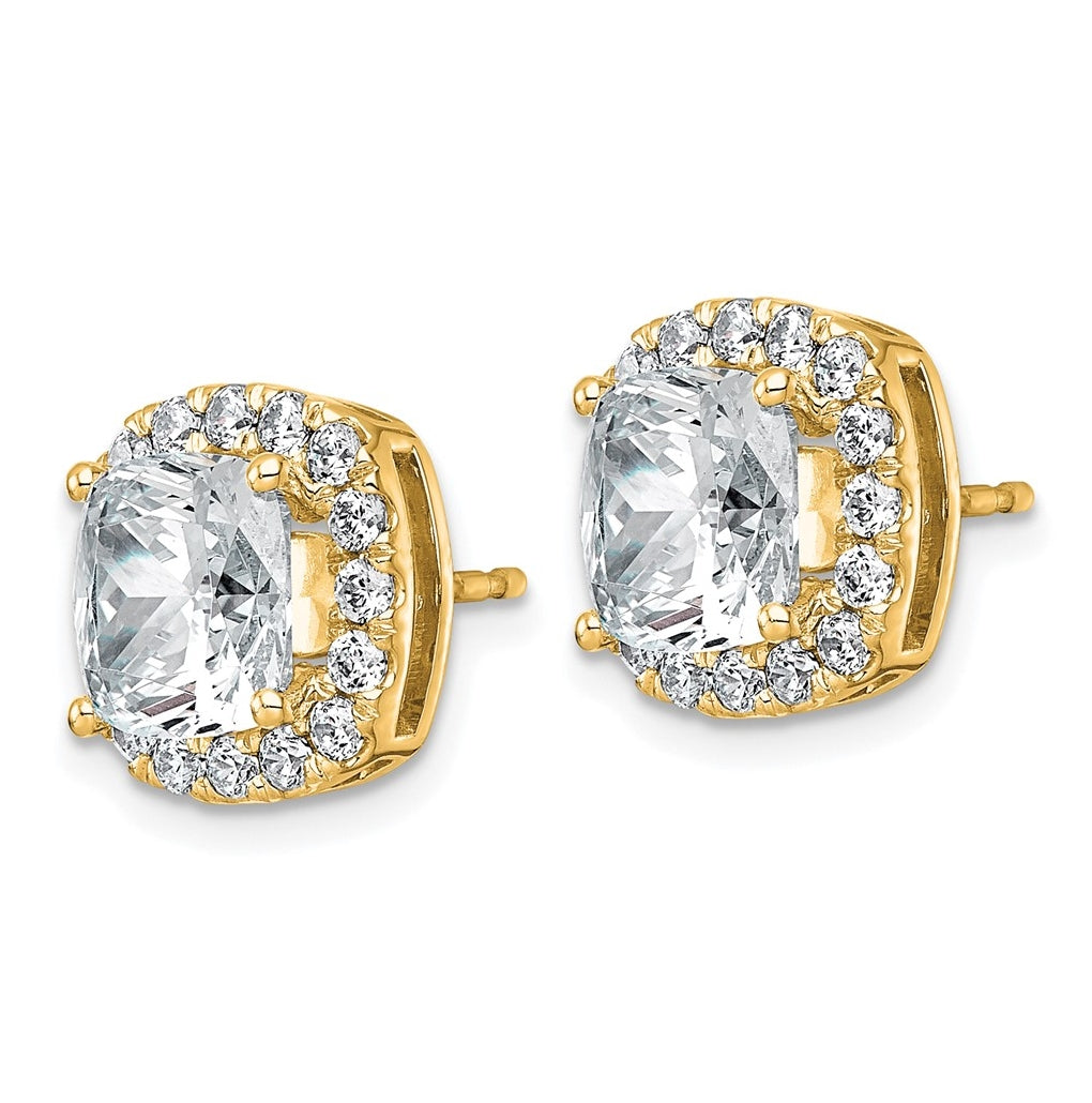 14k Yellow Gold 5 7/8 carat Lab Grown Diamond VS+ F+ Complete Cushion Halo Post Earrings