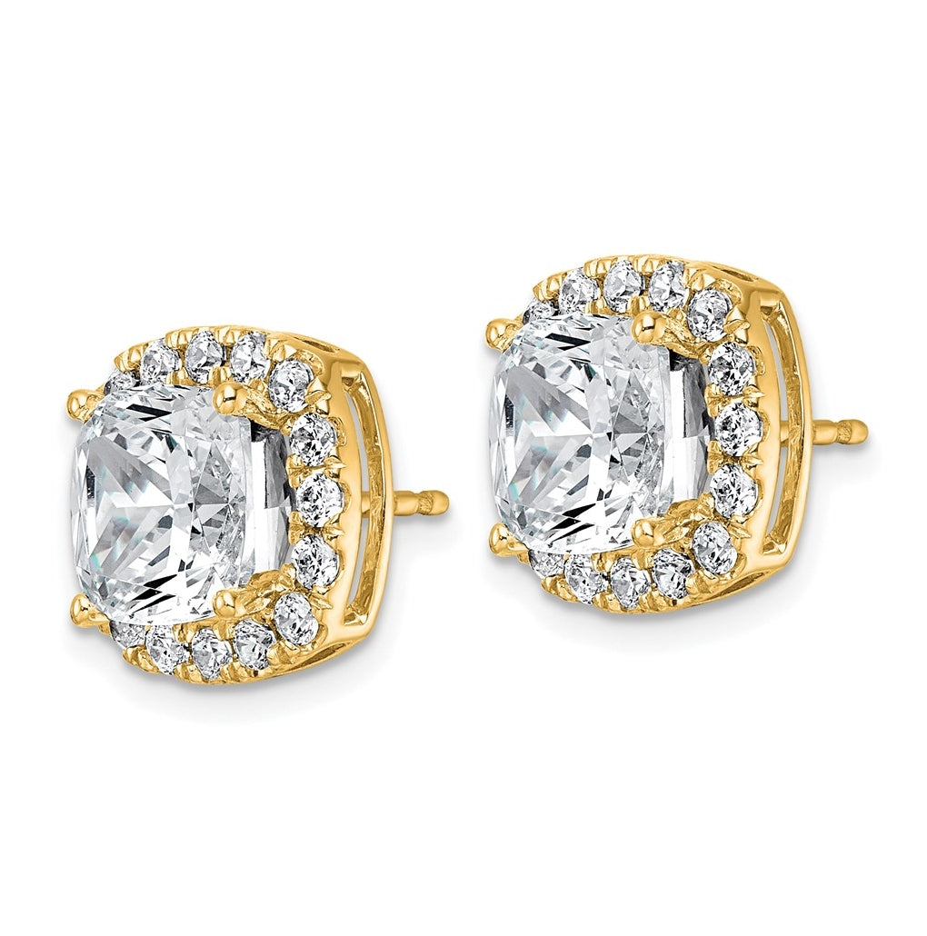 14k Yellow Gold 7 carat Lab Grown Diamond VS+ F+ Complete Cushion Halo Post Earrings