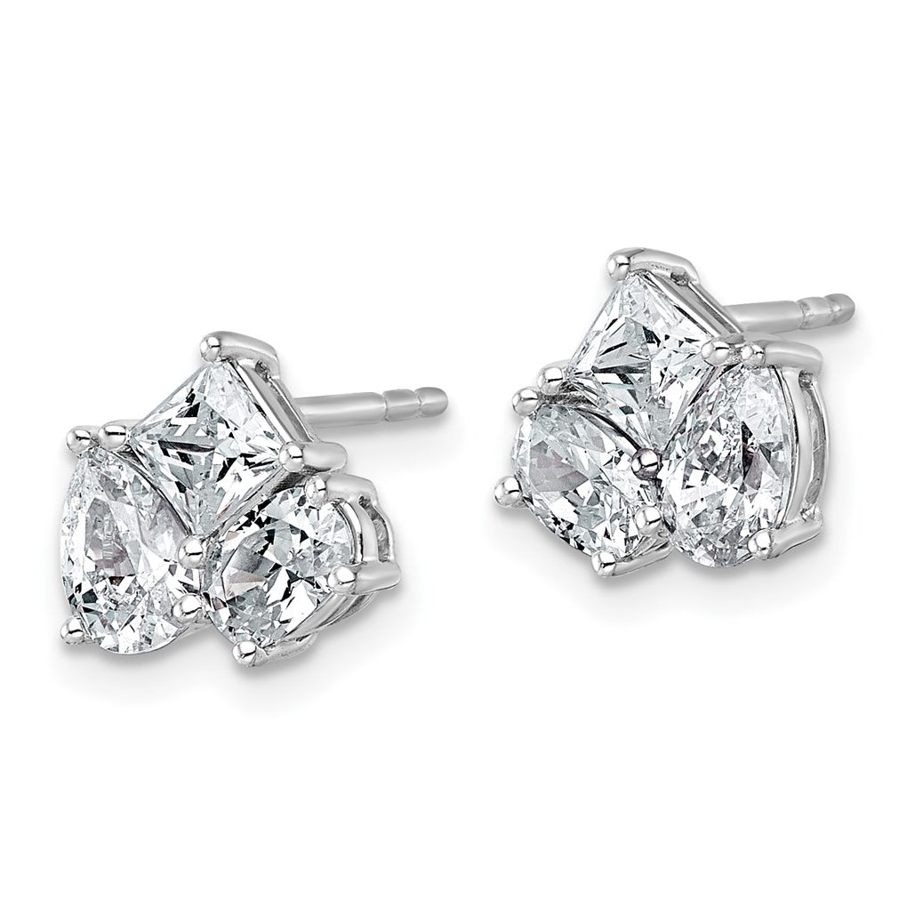 14k White Gold 2 carat Lab Grown Diamond VS+ F+ Complete Princess Round and Pear Three Stone Post Earrings