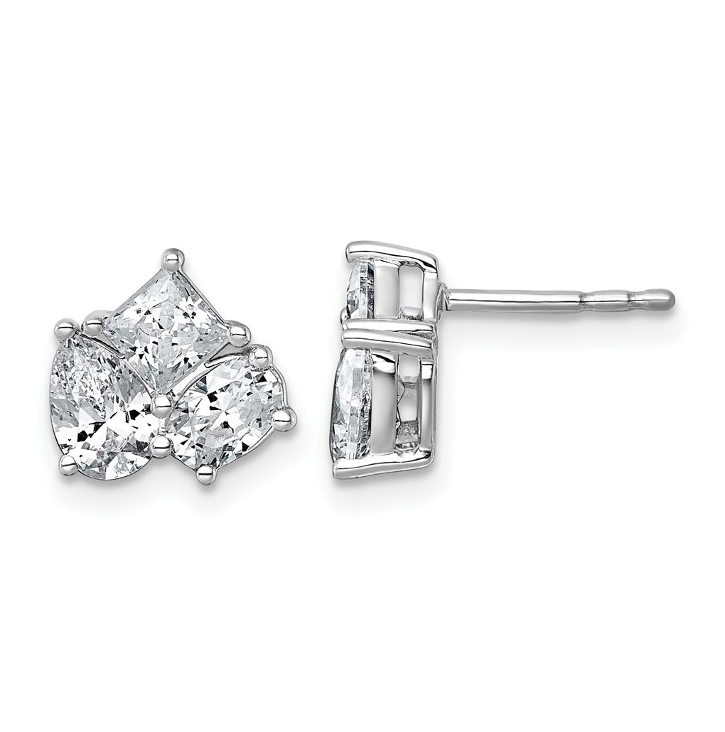 14k White Gold 2 carat Lab Grown Diamond VS+ F+ Complete Princess Round and Pear Three Stone Post Earrings